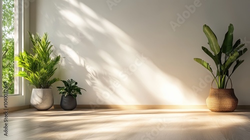 Three potted plants are placed in a sunlit corner, casting intricate shadows on the floor, creating a peaceful and inviting indoor garden space. photo