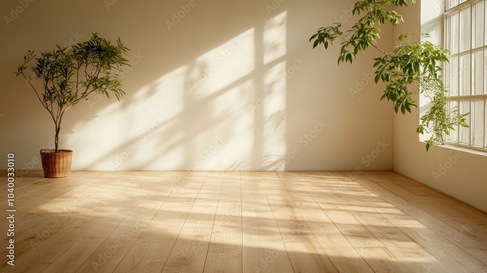 A serene room with large windows casting light and shadows onto a wooden floor, and two lush potted plants adding a touch of nature to the space.