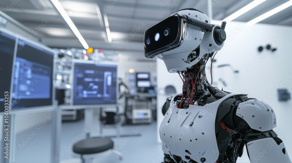 Fototapeta premium A robot conducting advanced simulations in a virtual reality development lab with immersive VR setups, clean and high-tech, VR-tech style