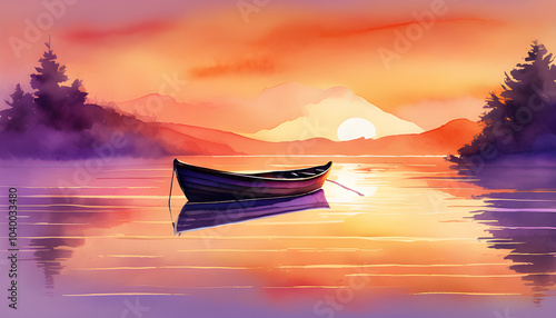 Watercolor painting of a small boat floating on a calm lake at sunset. photo