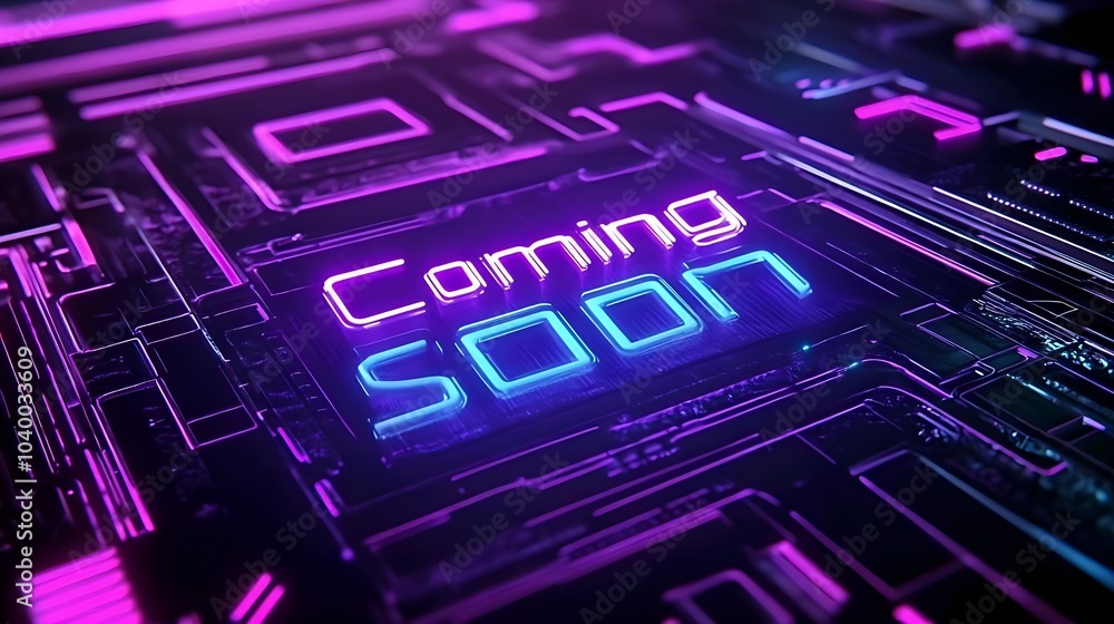 Futuristic Circuit Board with Glowing Neon Text, Coming Soon Announcement Futuristic Circuit Board with Glowing Neon Text, Coming Soon Announcement