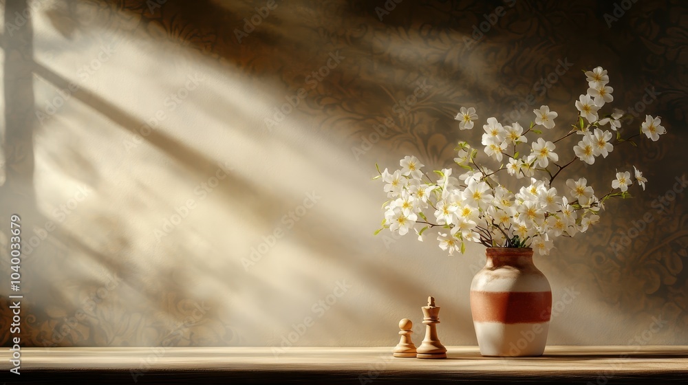 An aesthetically pleasing vase with delicate blossoms is lit softly, casting gentle shadows, and creating a dreamy atmosphere that emphasizes elegance and tranquility. An aesthetically pleasing vase with delicate blossoms is lit softly, casting gentle shadows, and creating a dreamy atmosphere that emphasizes elegance and tranquility.
