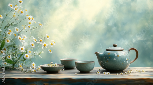 Loose leaf tea and chamomile, Rustic ceramic teapot and cups on weathered wooden surface.