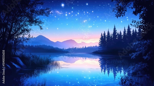 Serene Night Sky Over Peaceful Lake Landscape