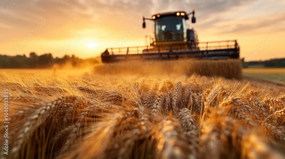 A bustling tractor harvesting golden wheat at sunset in a vast countryside field, capturing the essence of agricultural life and the beauty of rural landscapes. A bustling tractor harvesting golden wheat at sunset in a vast countryside field, capturing the essence of agricultural life and the beauty of rural landscapes.