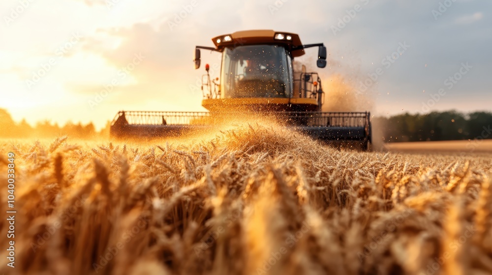 Fototapeta premium A combine harvester operates in a field of golden wheat during sunset, capturing the essence of modern agriculture and the beauty of rural landscapes.