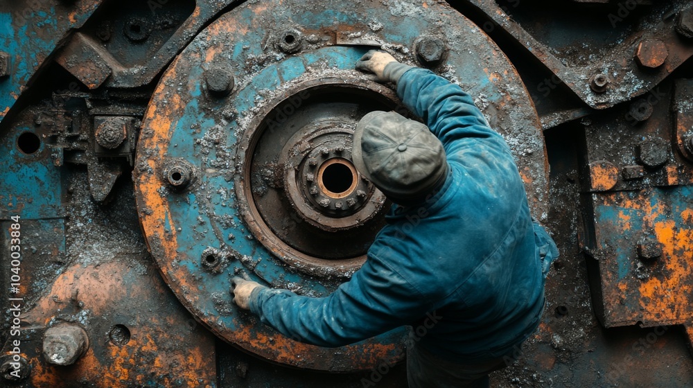 A Worker Repairing a Large Industrial Machine A Worker Repairing a Large Industrial Machine