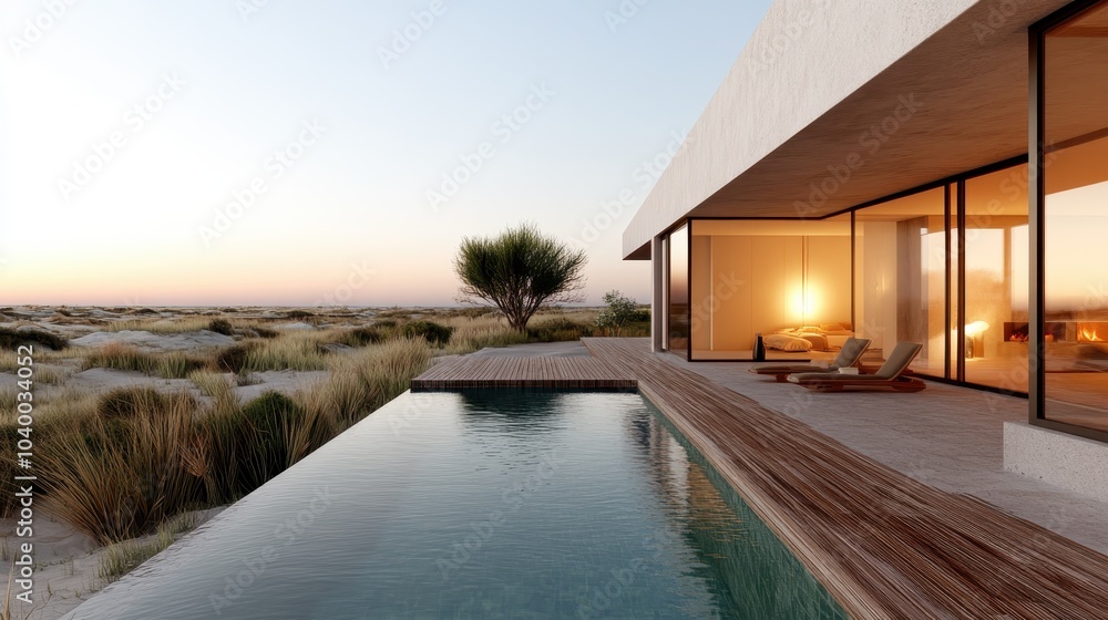 Fototapeta premium A striking contemporary oasis with a sleek swimming pool, warm interiors inviting onlookers, surrounded by nature for a perfect blend of comfort and style.