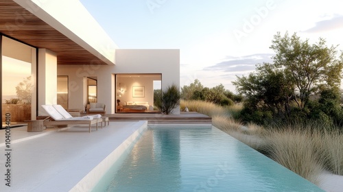 A contemporary home featuring a tranquil pool area with two loungers  surrounded by lush vegetation  offering a serene and relaxing ambiance.