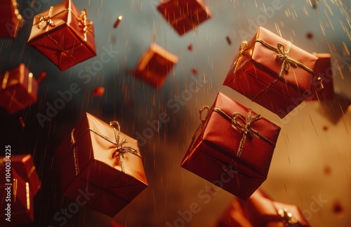 A rain made of red and golden gift boxes. This is an editorial photography commercial shoot for the brand featuring warm tones and adark winter sky background.  photo