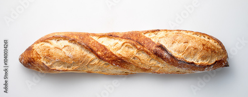 A long, freshly baked baguette with a crispy golden crust rests on a smooth white surface, showcasing its artisanal craftsmanship and texture. photo