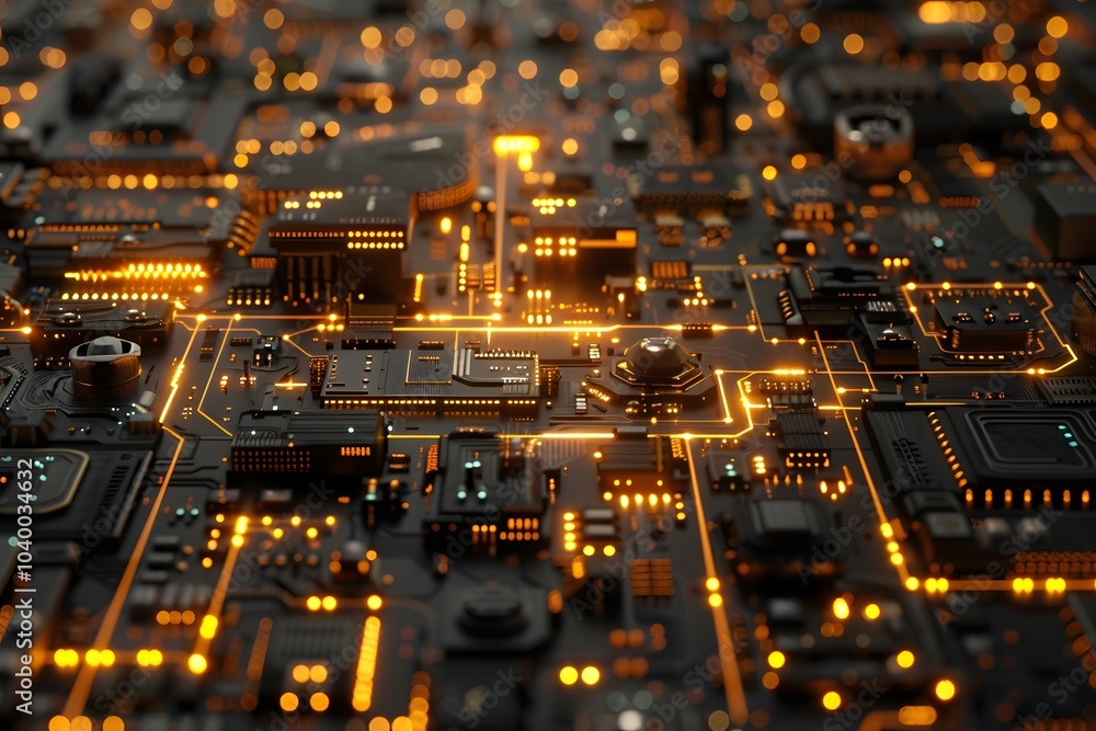 Intricate Circuit Board with Glowing Connections and Microchips Intricate Circuit Board with Glowing Connections and Microchips