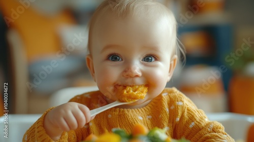 Children's feeding table with baby tasting vegetable puree from mom's spoon. Healthy nutrition and introduction of complementary foods. Balanced meals for developing appetites.
