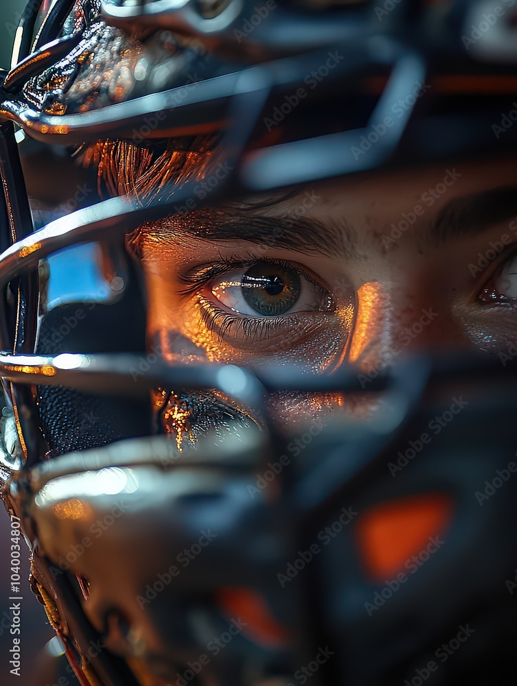 Focused athlete wearing protective gear, peering through helmet with intense concentration, ready for competitive action. Focused athlete wearing protective gear, peering through helmet with intense concentration, ready for competitive action.