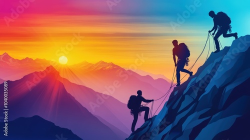 Three climbers ascending a mountain at sunrise.