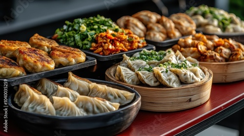 A delightful variety of dumplings artfully arranged and garnished, highlighting their unique textures and flavors against a vibrant garnish background for culinary appeal.