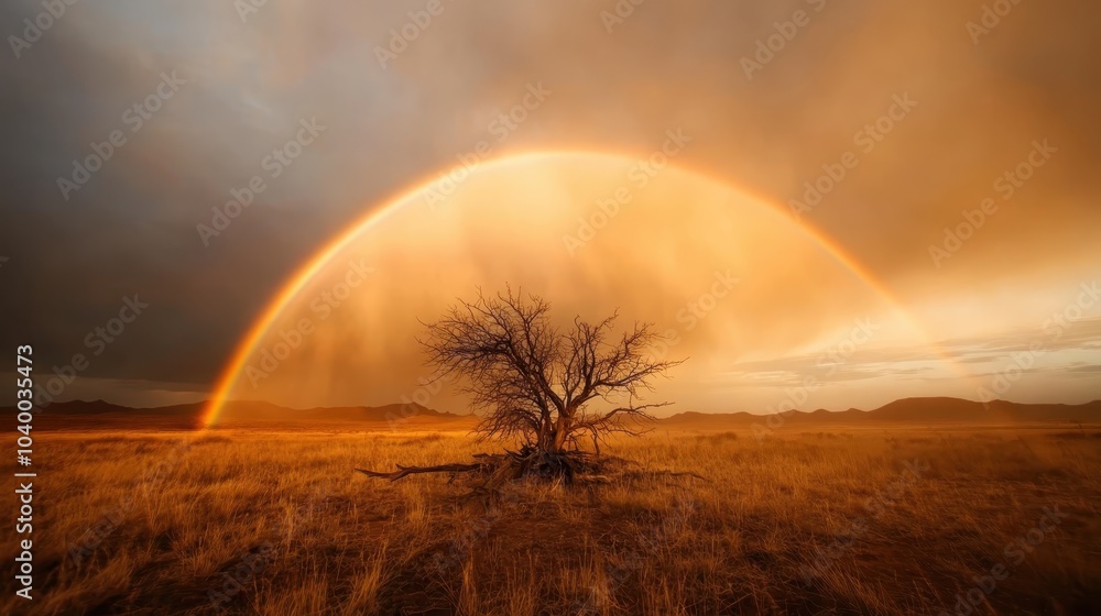 A bare tree stands stark against a bright golden arc created by a rainbow, set in a serene and expansive landscape, suggesting themes of solitude and simplicity. A bare tree stands stark against a bright golden arc created by a rainbow, set in a serene and expansive landscape, suggesting themes of solitude and simplicity.