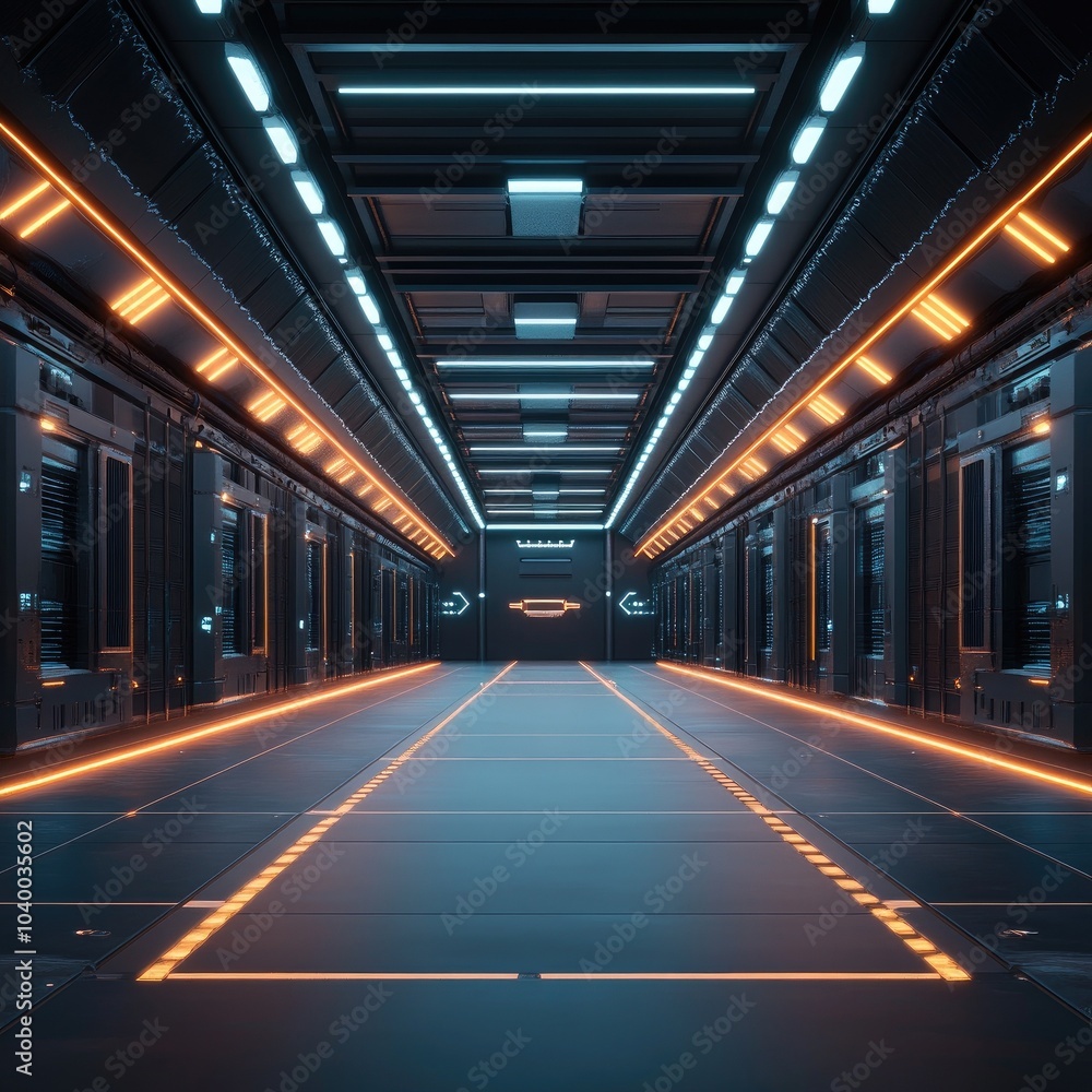 Obraz premium Futuristic corridor with glowing lights, sleek design, and high-tech ambiance, perfect for science fiction themes and digital art.