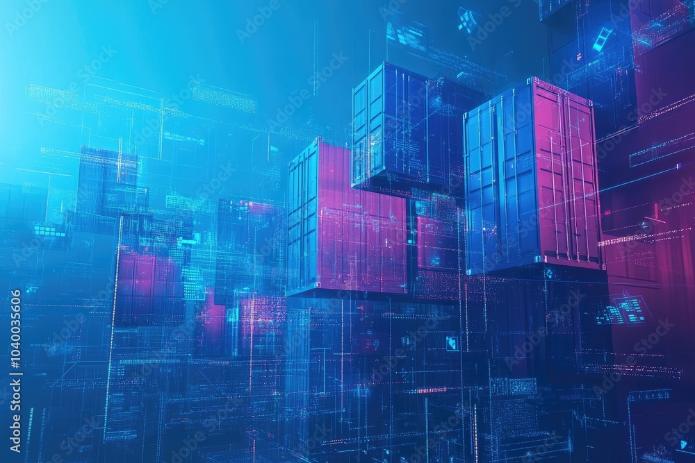 Futuristic digital containers in vibrant hues of blue and pink, representing technology and innovation in a virtual space. Futuristic digital containers in vibrant hues of blue and pink, representing technology and innovation in a virtual space.