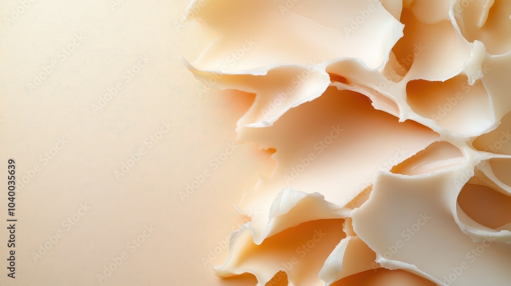 A close-up of variously shaped pale peach-colored wax pieces arranged on a similarly hued background, evoking thoughts of softness and abstract beauty. A close-up of variously shaped pale peach-colored wax pieces arranged on a similarly hued background, evoking thoughts of softness and abstract beauty.