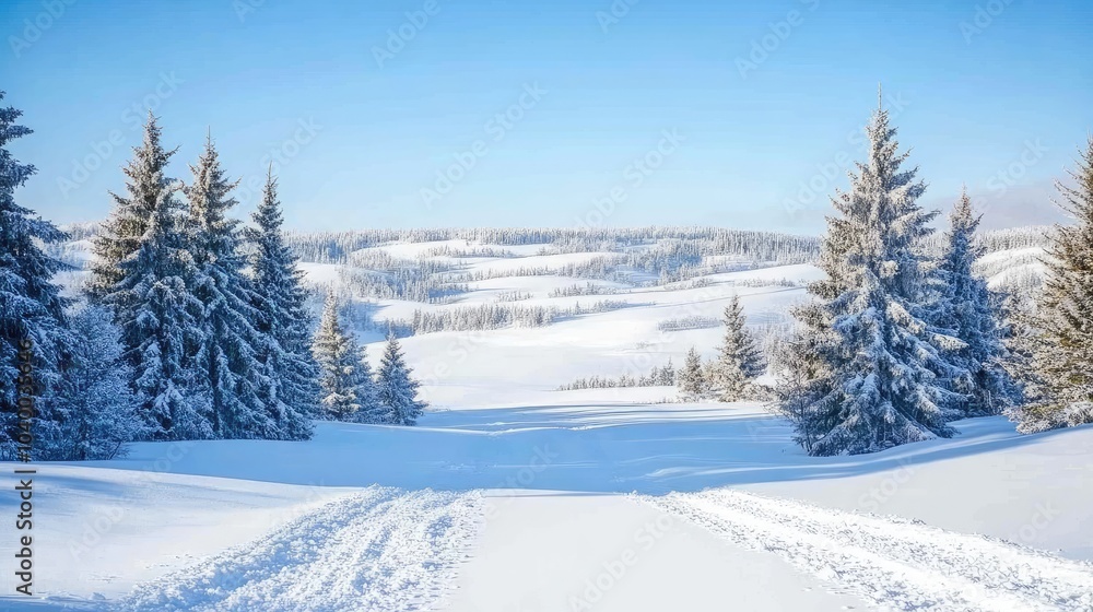 Fototapeta premium Snowy Landscape with Pine Trees and Clear Sky