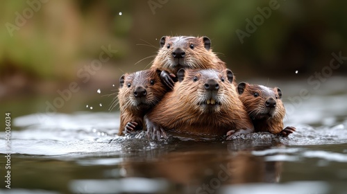 A group of five lively otters joyfully frolic in a shimmering pond, showcasing their playful nature and close-knit bond in a picturesque natural setting.