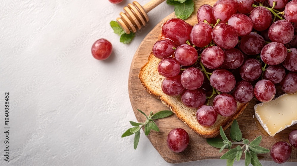 A delectable arrangement showcasing juicy red grapes atop a slice of toast with creamy cheese, offset by a fresh touch of honey and herbs on a rustic board. A delectable arrangement showcasing juicy red grapes atop a slice of toast with creamy cheese, offset by a fresh touch of honey and herbs on a rustic board.