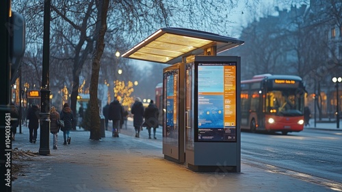 Smart bus stop with real-time arrival updates, interactive digital displays, user-friendly design, enhancing commuter experience, urban innovation. photo