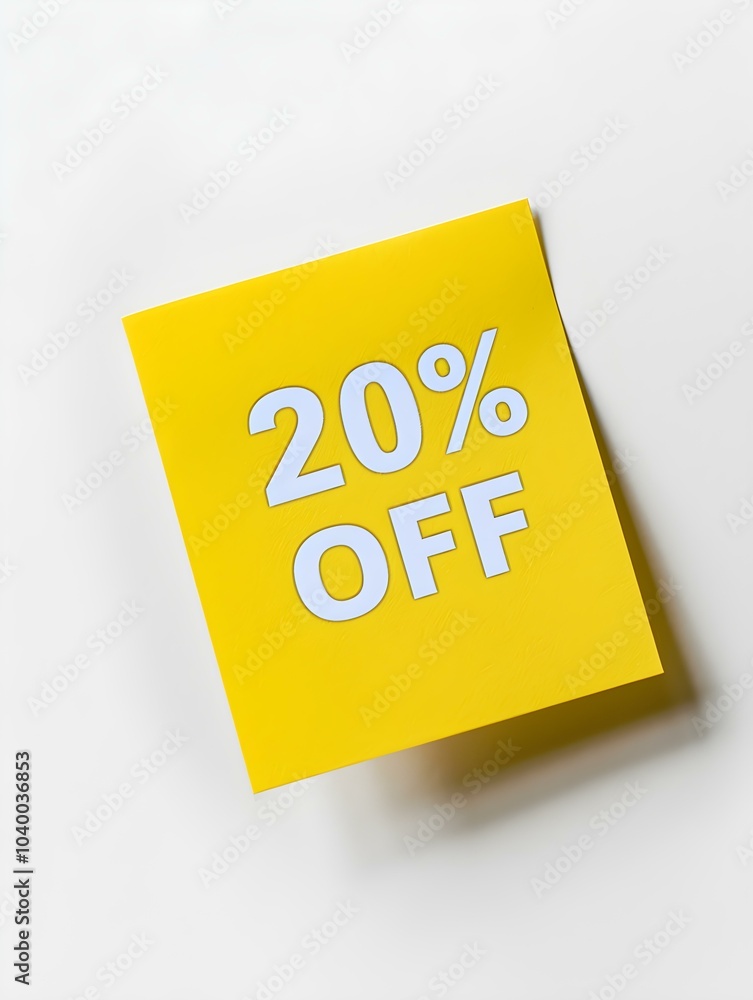 White '20% OFF' Text on a Yellow Square Paper Note. White Background White '20% OFF' Text on a Yellow Square Paper Note. White Background