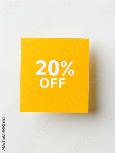 White '20% OFF' Text on a Yellow Square Paper Note. White Background 