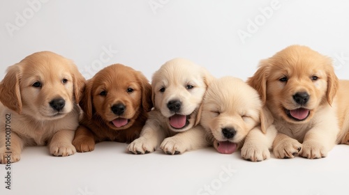 Five cheerful Golden Retriever puppies line up, with each showcasing a unique personality, against a bright white backdrop, epitomizing youthful exuberance.