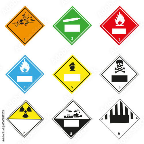 Signs of dangerous goods. Warning sign. Hazard transportation icons.