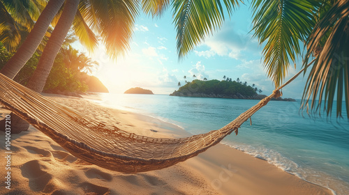 A hammock strung between two plam trees on a beach and the sun shining.