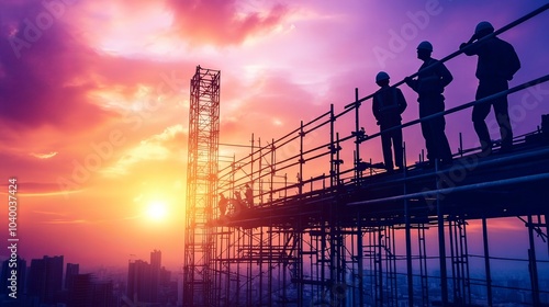 Industrial engineer silhouetted on a scaffolding, receiving team instructions amidst a gentle pastel sunset