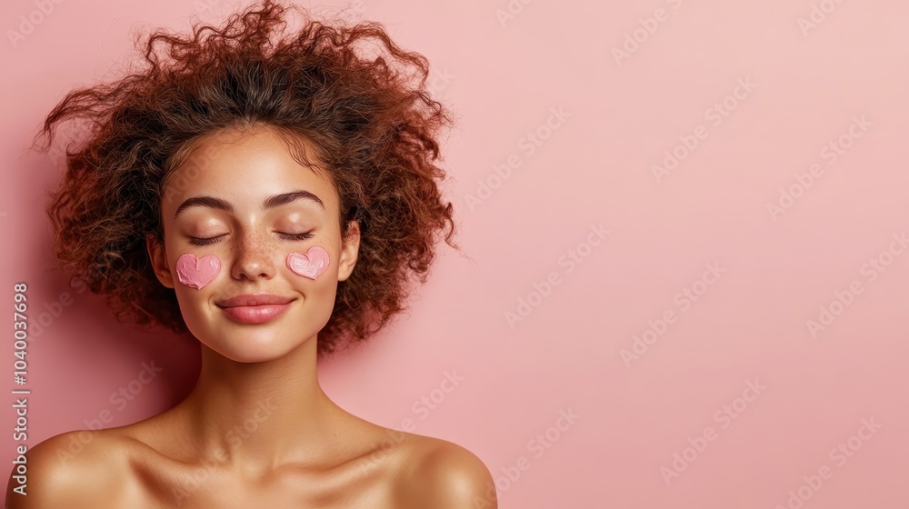 A serene woman with closed eyes enjoys skincare treatment, featuring heart-shaped patches on cheeks, embodying relaxation, beauty, and self-care against a soft background. A serene woman with closed eyes enjoys skincare treatment, featuring heart-shaped patches on cheeks, embodying relaxation, beauty, and self-care against a soft background.