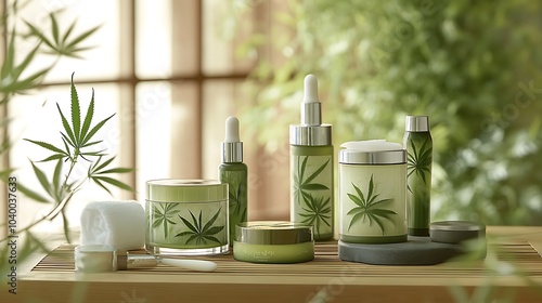 A set of cannabis-infused products like creams and oils on a spa table with a calm setting photo