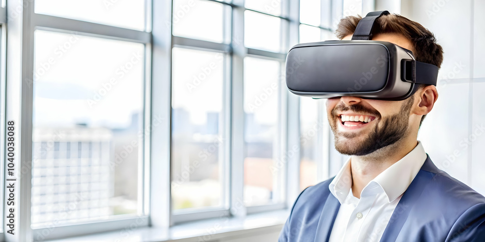 Close Up Employee Smiling VR Headset Macro Shot Engagement Virtual Reality Workplace Concept Ample Copy Space Business Innovation Technology Image Close Up Employee Smiling VR Headset Macro Shot Engagement Virtual Reality Workplace Concept Ample Copy Space Business Innovation Technology Image
