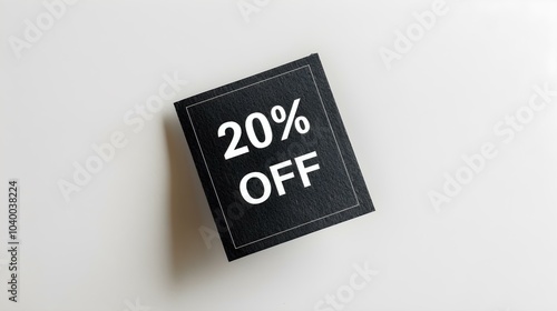 White '20% OFF' Text on a Black Square Paper Note. White Background with Copy Space