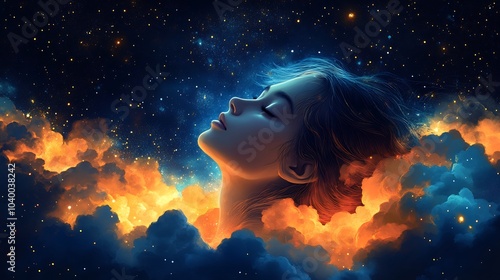 Person wearing sleep tracker surrounded by dreamlike stars and clouds symbolizing deep sleep and biohacking tools for sleep improvement