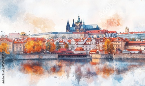 Watercolor Prague scenic spring aerial view of the Prague Old Town pier architecture Charles Bridge over Vltava river in Prague, Czechia.