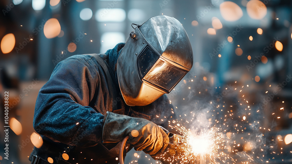 Welder with sparks flying, showcasing a skilled tradesperson working on a metal fabrication project, labor day concept. Welder with sparks flying, showcasing a skilled tradesperson working on a metal fabrication project, labor day concept.