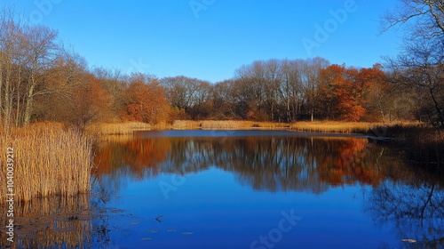 Tranquil Autumn Reflections on Serene Lake Surface