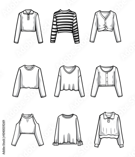 Line drawing of diverse sweater styles, featuring a minimalist black and white vector design that highlights fashion clothing