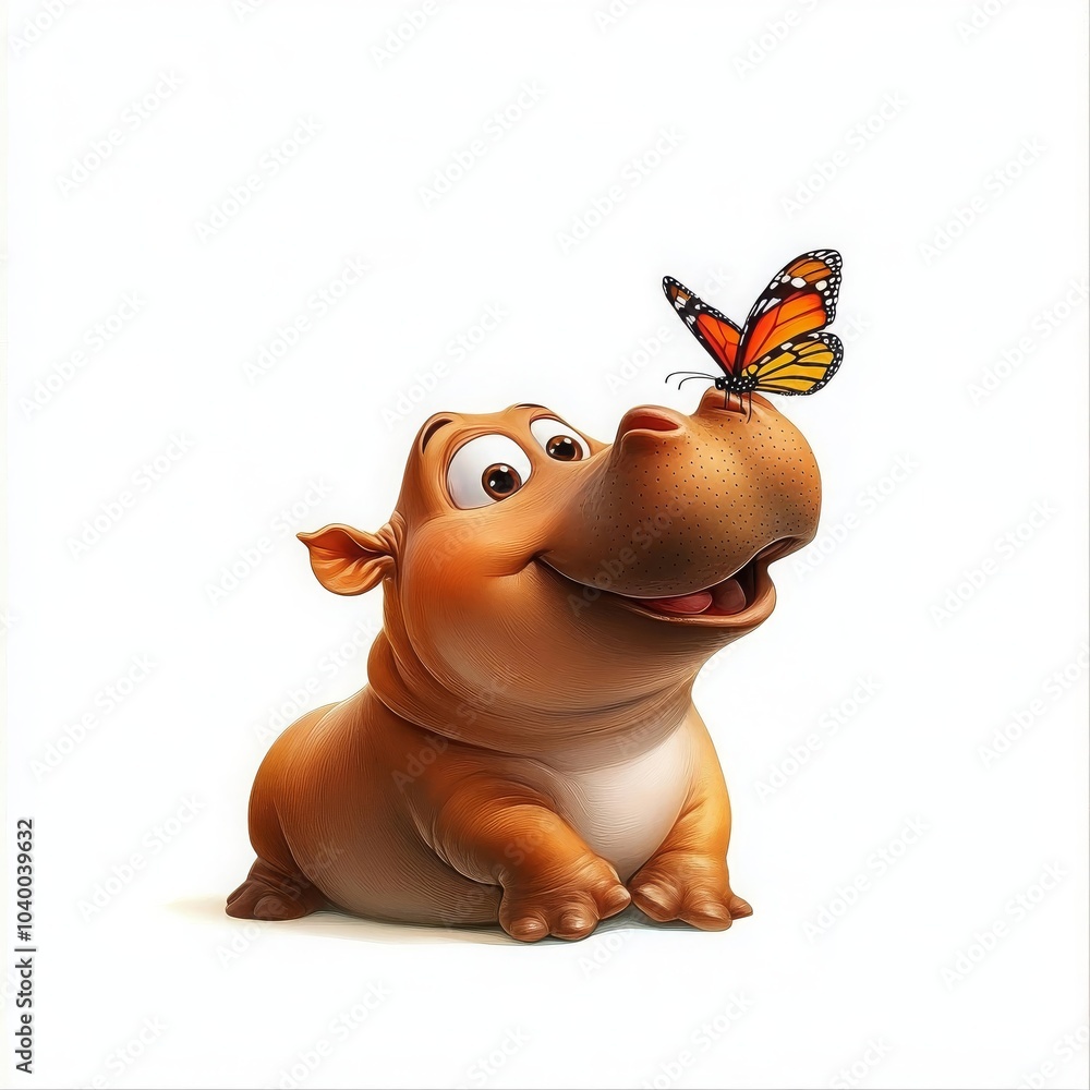 Naklejka premium Cute Cartoon Hippopotamus Looking at Butterfly