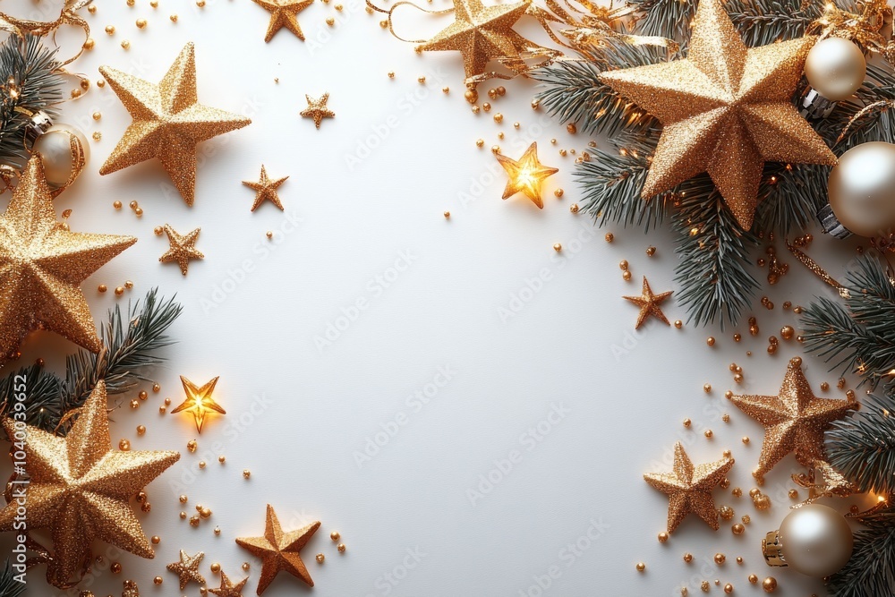 The theme could be Happy New Year or birthday celebrations. Garland of golden confetti on top of a white table. Celebration, party concept. Flat lay, top view. The copy area is empty. The theme could be Happy New Year or birthday celebrations. Garland of golden confetti on top of a white table. Celebration, party concept. Flat lay, top view. The copy area is empty.
