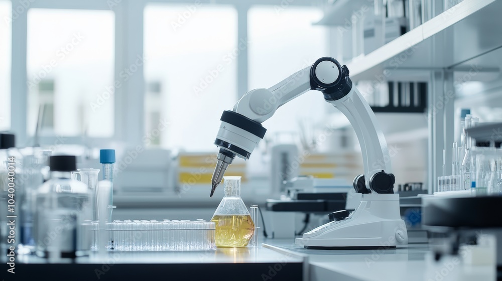 A robot conducting automated experiments in a modern biochemistry lab with clean, organized research stations and advanced experimental setups, Biochemistry tech style A robot conducting automated experiments in a modern biochemistry lab with clean, organized research stations and advanced experimental setups, Biochemistry tech style