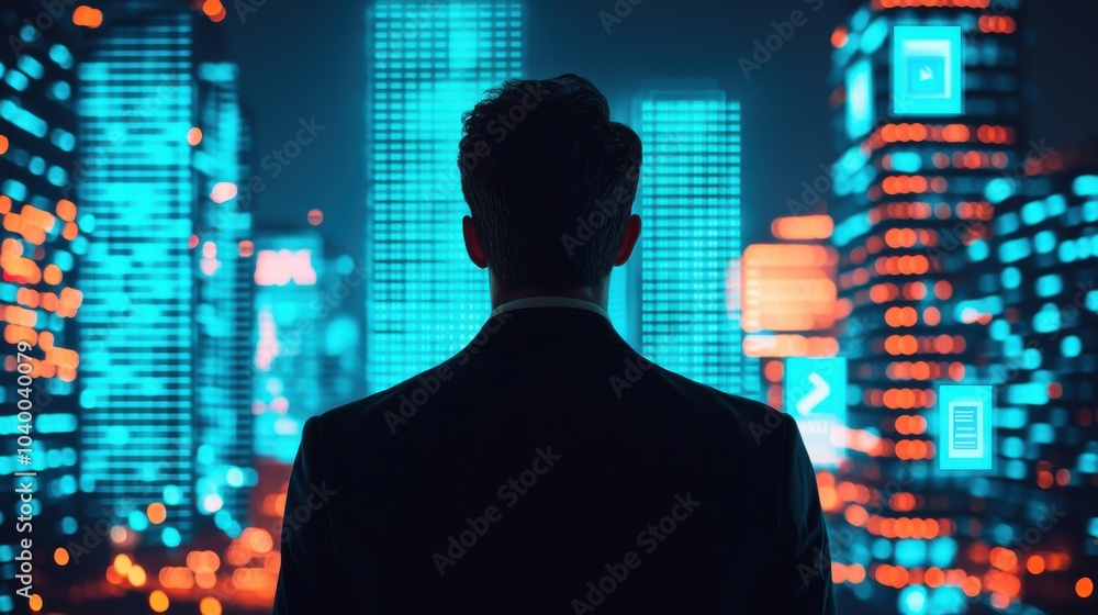 A silhouette of a businessman gazes at a futuristic cityscape illuminated by vibrant neon lights and towering skyscrapers. A silhouette of a businessman gazes at a futuristic cityscape illuminated by vibrant neon lights and towering skyscrapers.