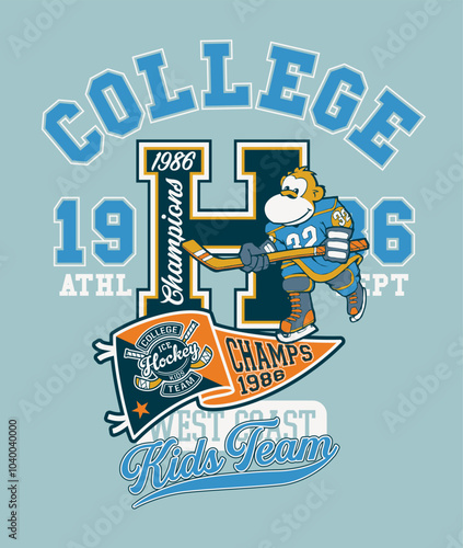 Cute monkey ice hockey player college kids team vintage cartoon vector print for children boy sport wear for shirt sweatshirt pajamas