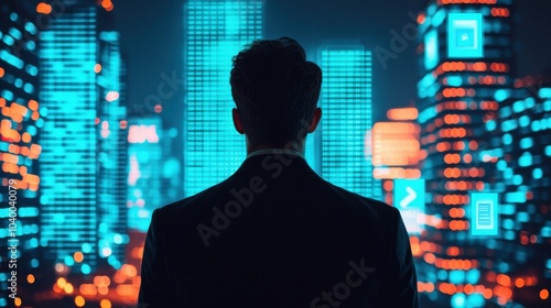 A silhouette of a businessman gazes at a futuristic cityscape illuminated by vibrant neon lights and towering skyscrapers.