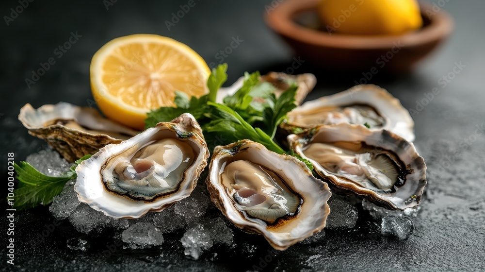 Six oysters on the half shell with a garnish of lemon wedges and parsley, elegantly displayed on ice, representing premium quality seafood and fine dining experience.